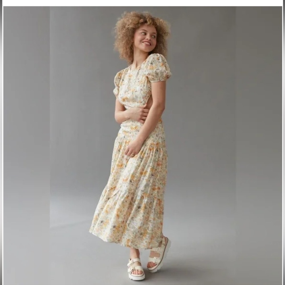 Kiss The Sky Tiered Maxi Dress - Puff Sleeve Open Back Cutout Ditsy Floral Dress